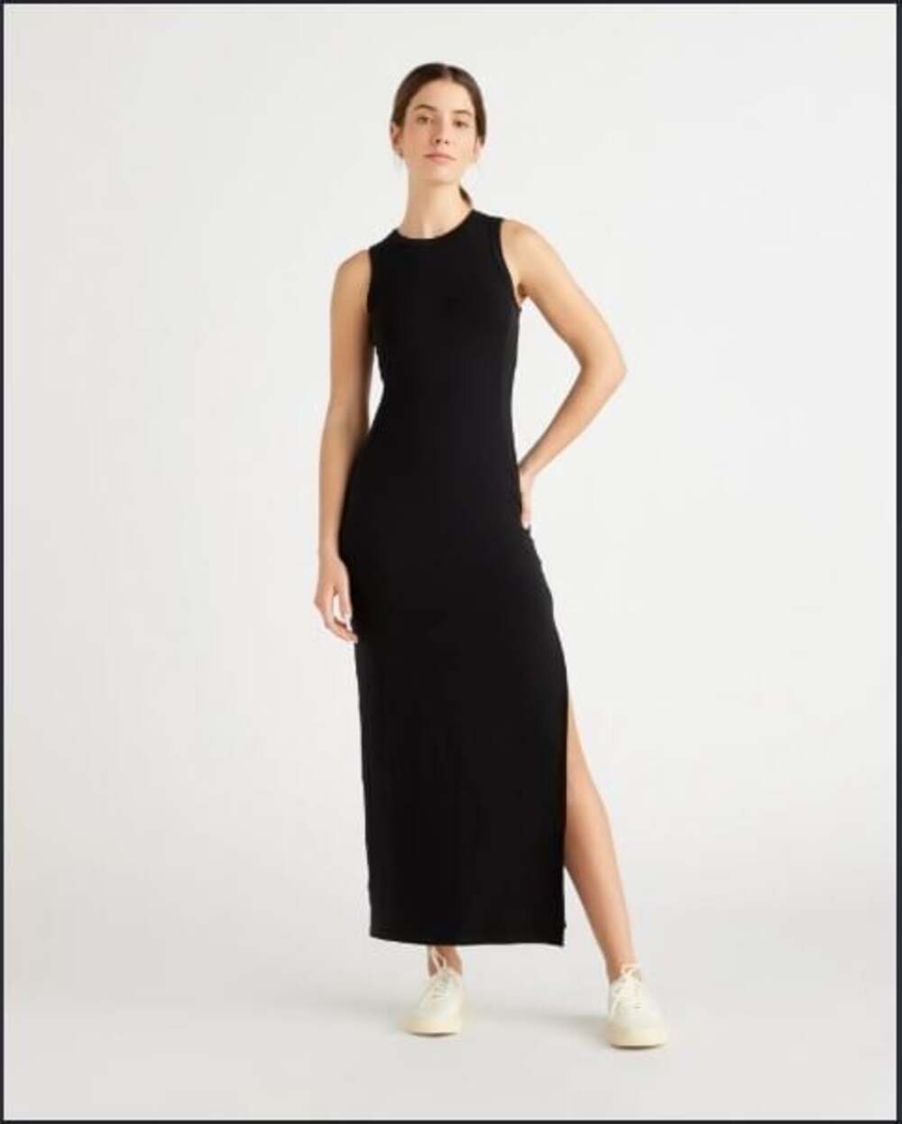 Quince Women L Tencel Jersey Tank Maxi Dress Black Sleeveless Side Slit Stretch
